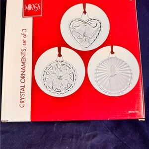 Mikasa Crystal Ornaments Set of 3 - Poinsetta, Bells, Candle NIB